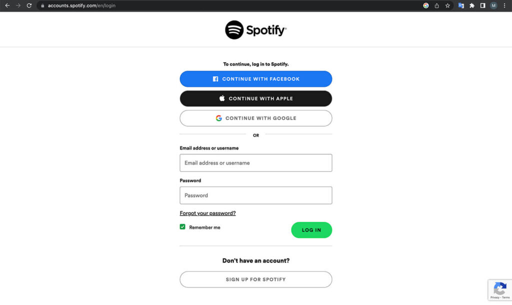 Spotify account login screen