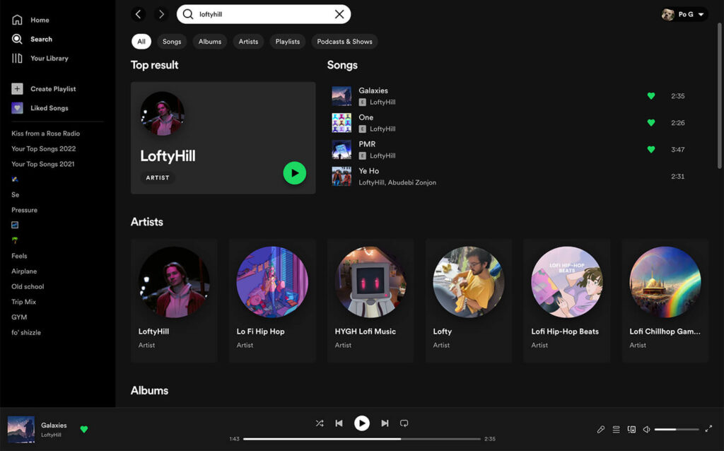 Spotify desktop app - artist search using search bar