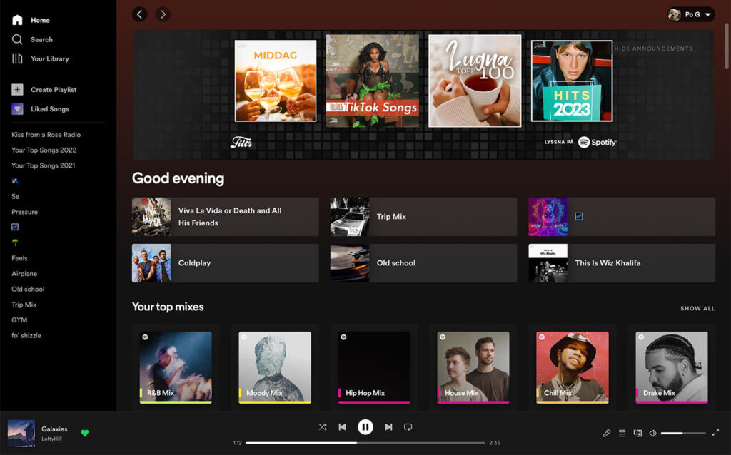 Spotify desktop app homescreen