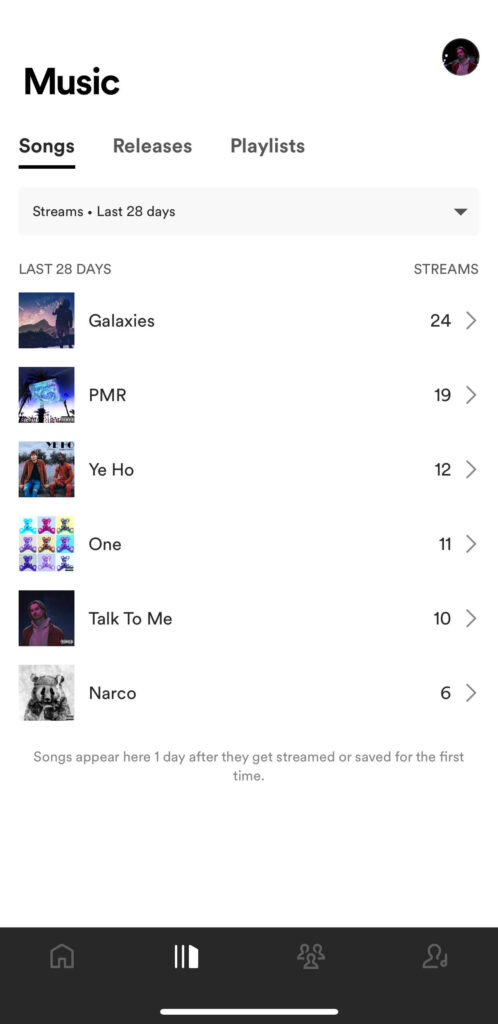 Spotify for artists mobile app - all song view