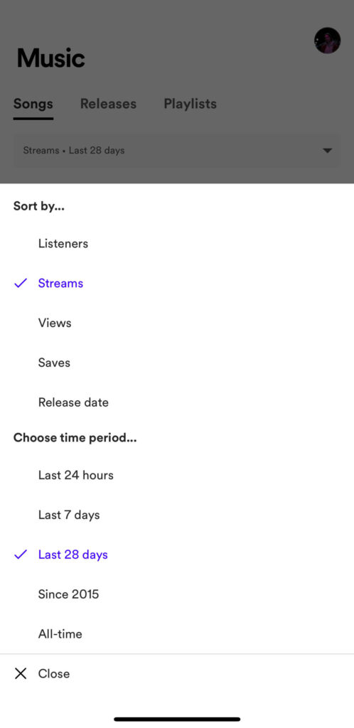 Spotify for artists - timeline options on mobile app