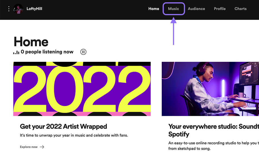 Spotify for artists - navigating to all music page