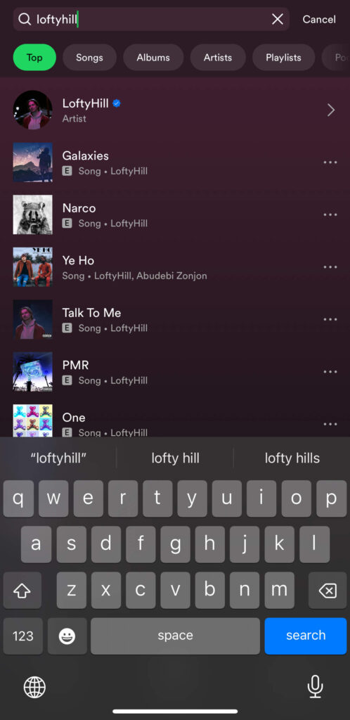 Spotify mobile app - artist search using search bar
