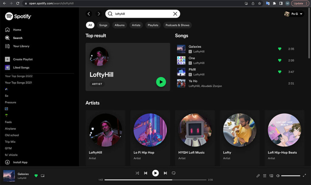 Spotify web player - artist search using search bar