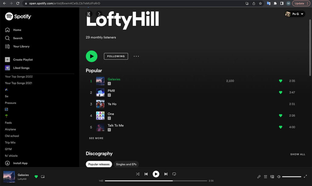 Spotify web player - artist song streams