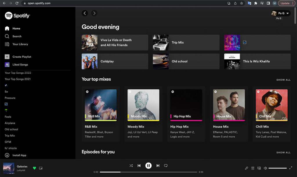 Spotify web player homescreen