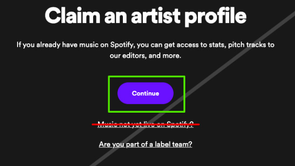 Pressing Continue Button to Continue Claiming Spotify Artist Profile