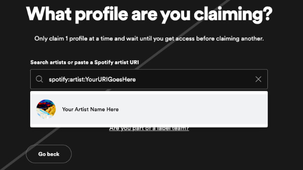 Choosing Spotify Profile for Which Spotify for Artists Account Should Be Claimed
