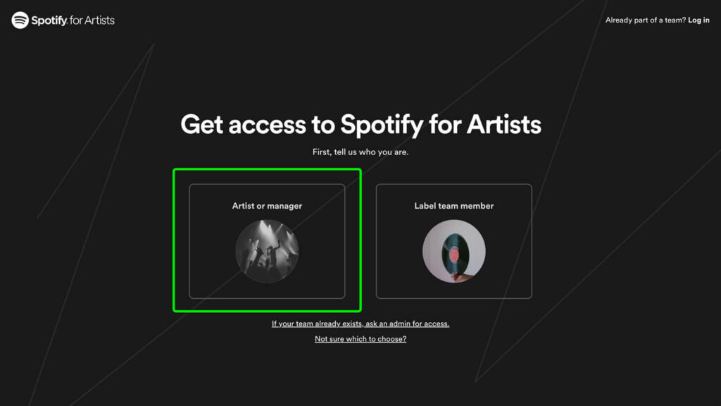 Choosing the Type of Entity When Claiming Spotify for Artists Account