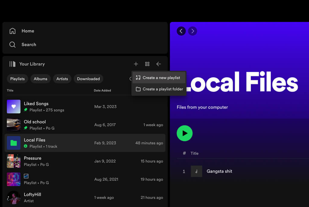 Creating a New Playlist from Local Files